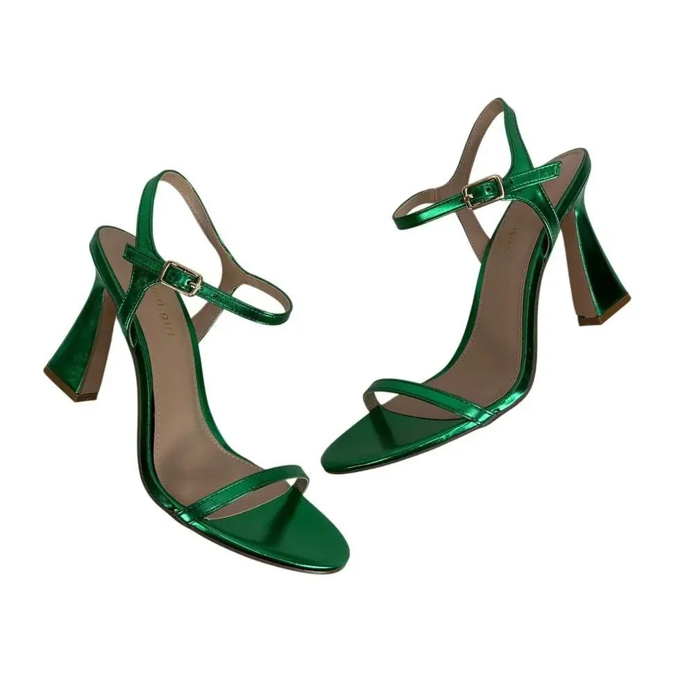Madden Girl Disco Sandals Womens 8.5 Green Metallic Strappy Block Flare Heels